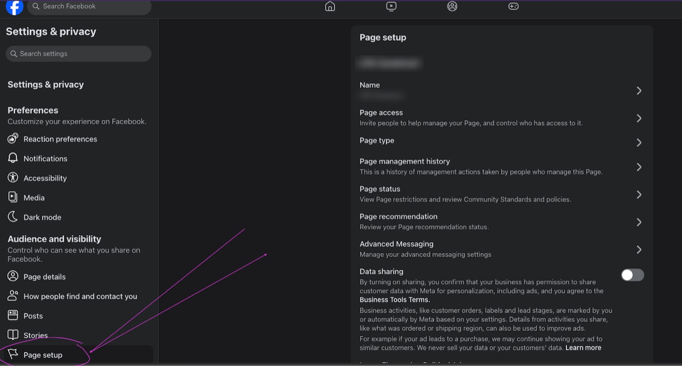 Facebook Settings and privacy menu with the Page setup item circled at the bottom of the left sidebar