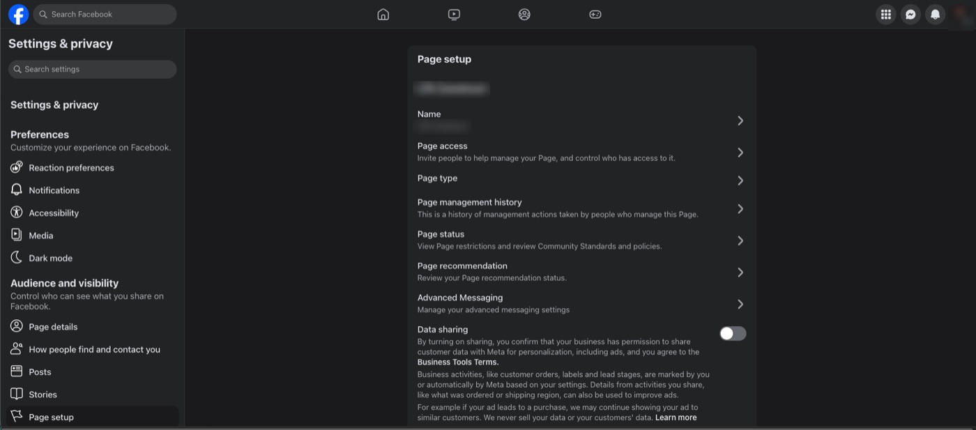 The Page setup panel showing Name, Page access, Page type, Page management history and other rows