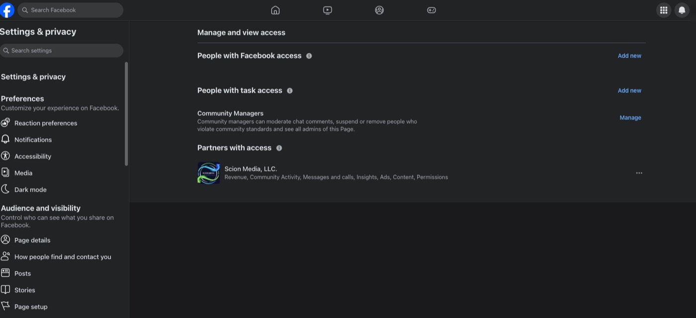 The Manage and view access screen showing People with Facebook access, People with task access, and Partners with access sections