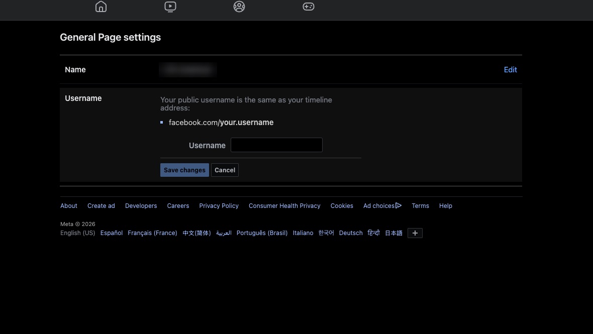 General Page settings screen with the Username field empty
